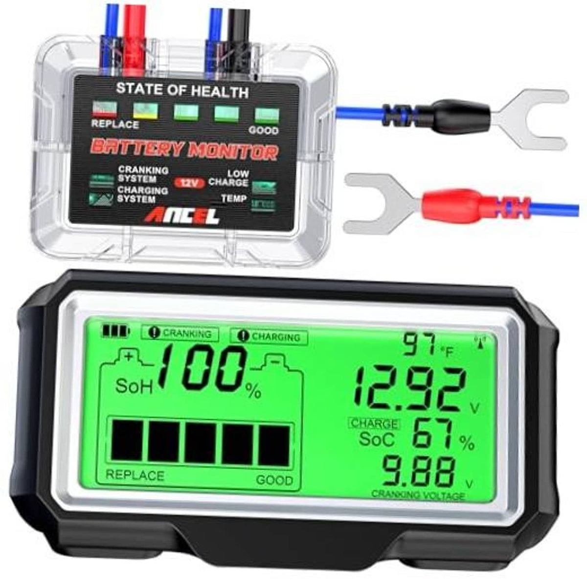 12V car battery monitor with bright green LCD display and cable leads