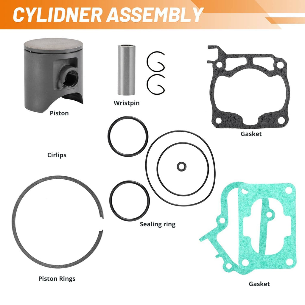 Cylinder assembly parts layout: piston, wrist pin, circlips, rings, sealing ring, gaskets.