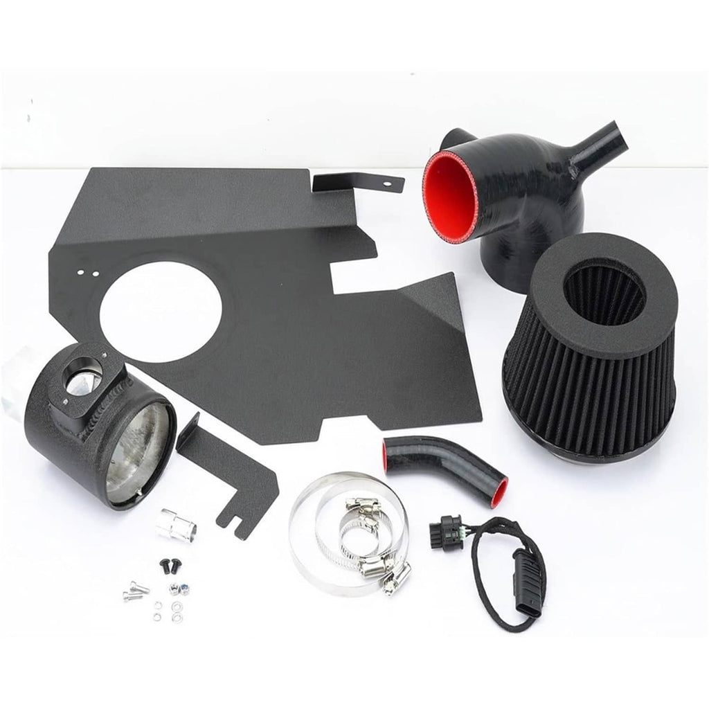 Black cold air intake kit with cone filter, charge pipe, and mounting hardware