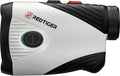 White and black golf rangefinder with molded grip and side focusing dial
