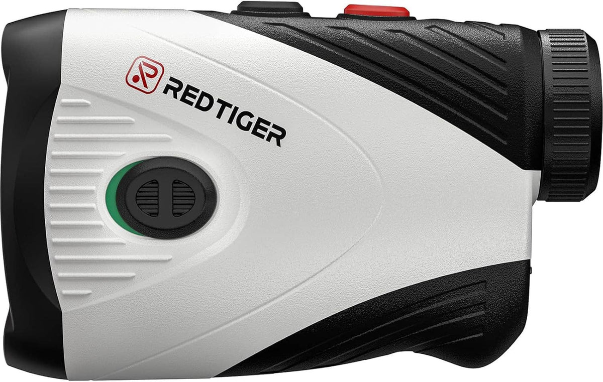 White and black golf rangefinder with molded grip and side focusing dial