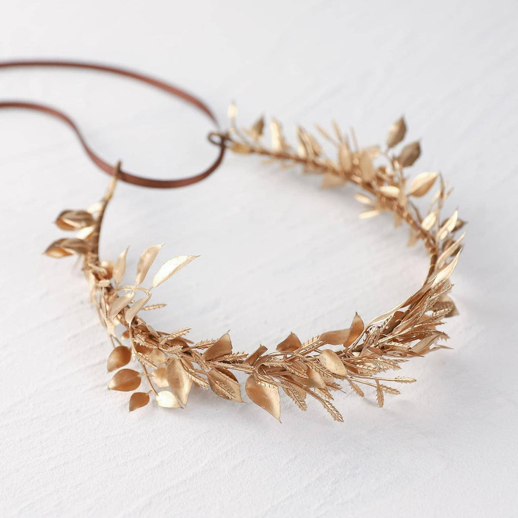Gold leaf headband wreath with brown ribbon ties, arched leaf and flower details