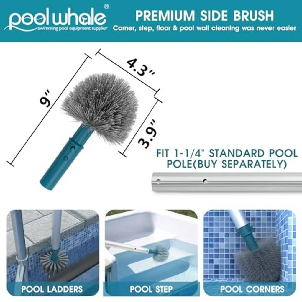 Blue handheld pool side brush with round gray bristle head and teal connector