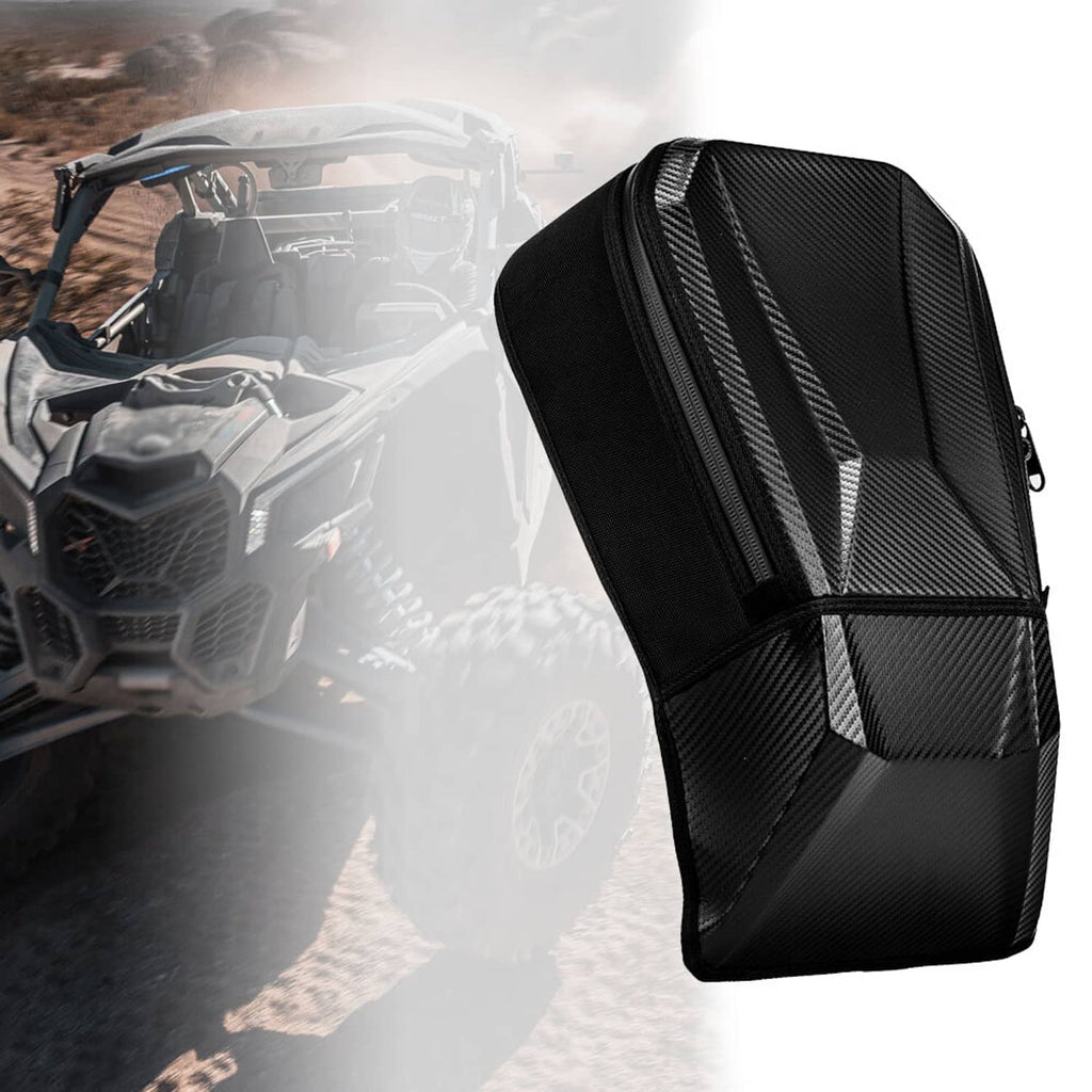 Black center console storage bag with carbon-fiber texture and zippered front panel