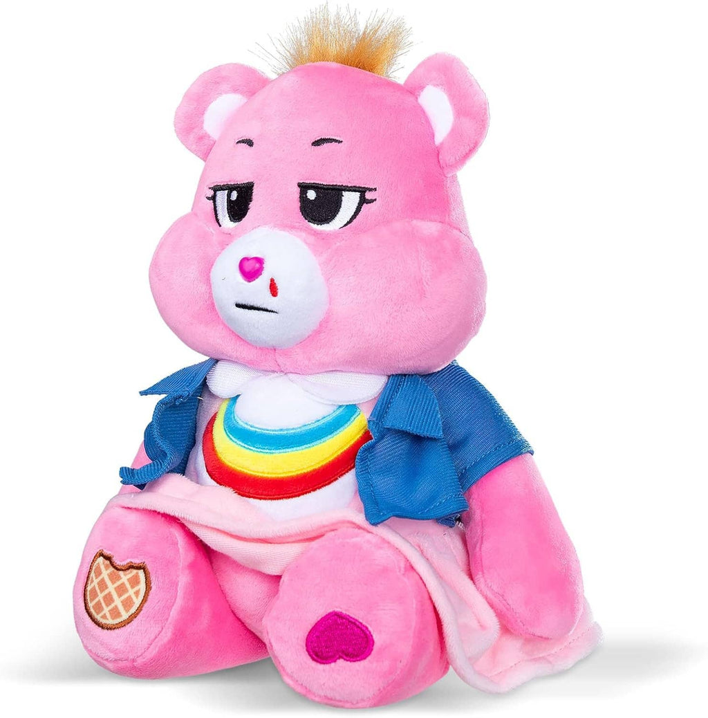 Plush pink bear character with rainbow collar and blue jacket, sitting