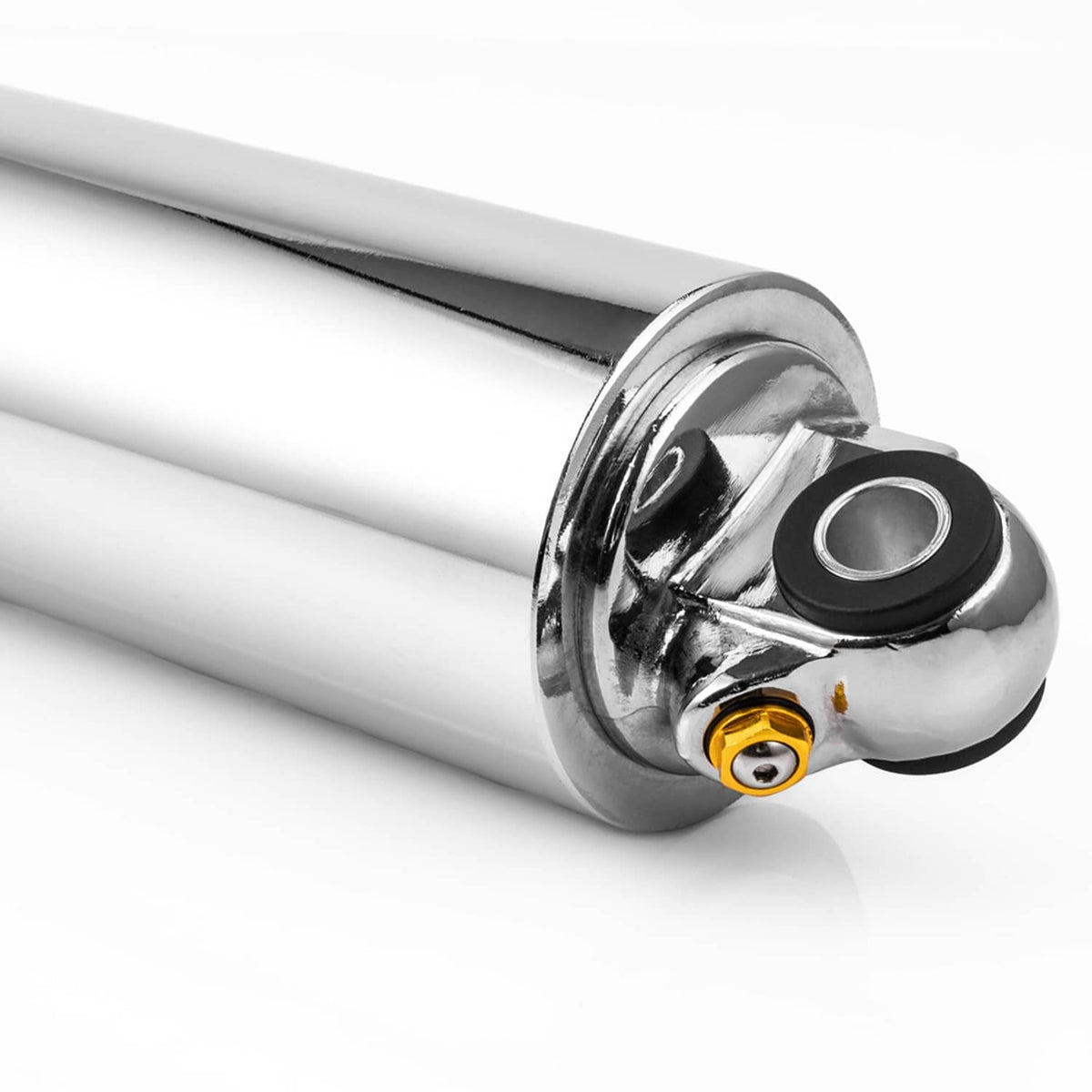 Rear air shock end fitting with chrome housing, black bushing, and brass adjuster screw