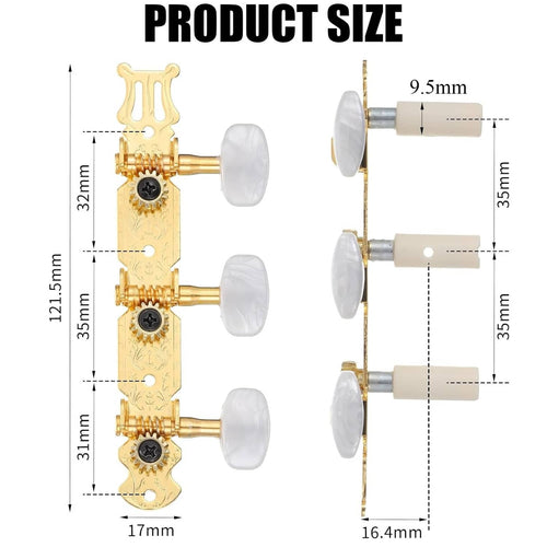 Classical guitar tuning pegs, gold plates with white buttons (size diagram)