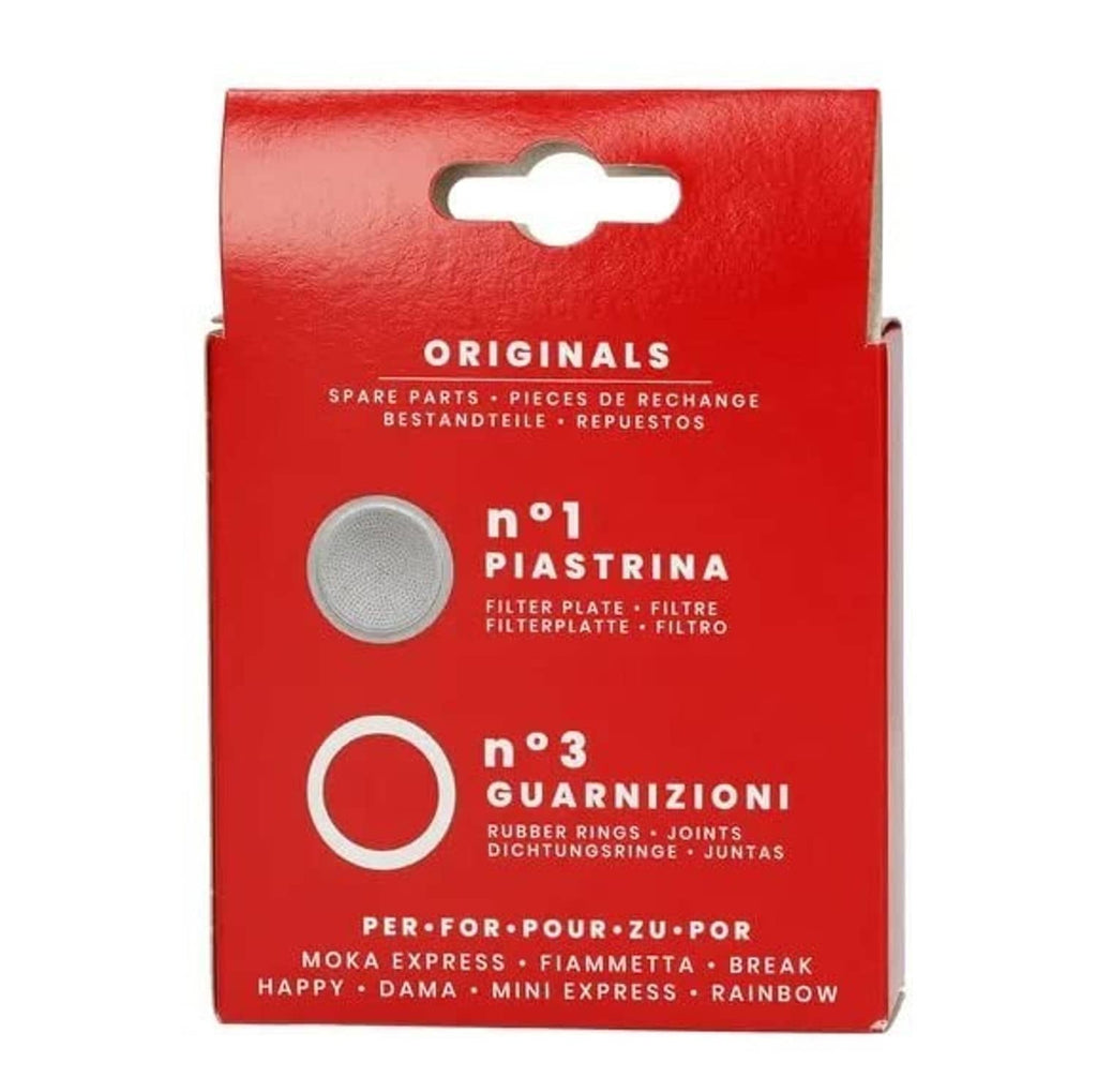 Bialetti originals spare parts box with filter plate and rubber ring gaskets