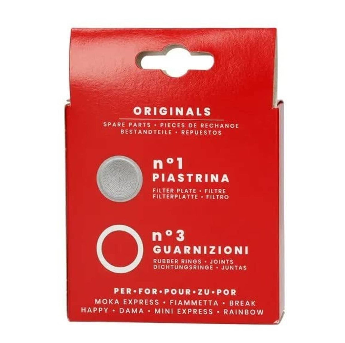Bialetti originals spare parts box with filter plate and rubber ring gaskets