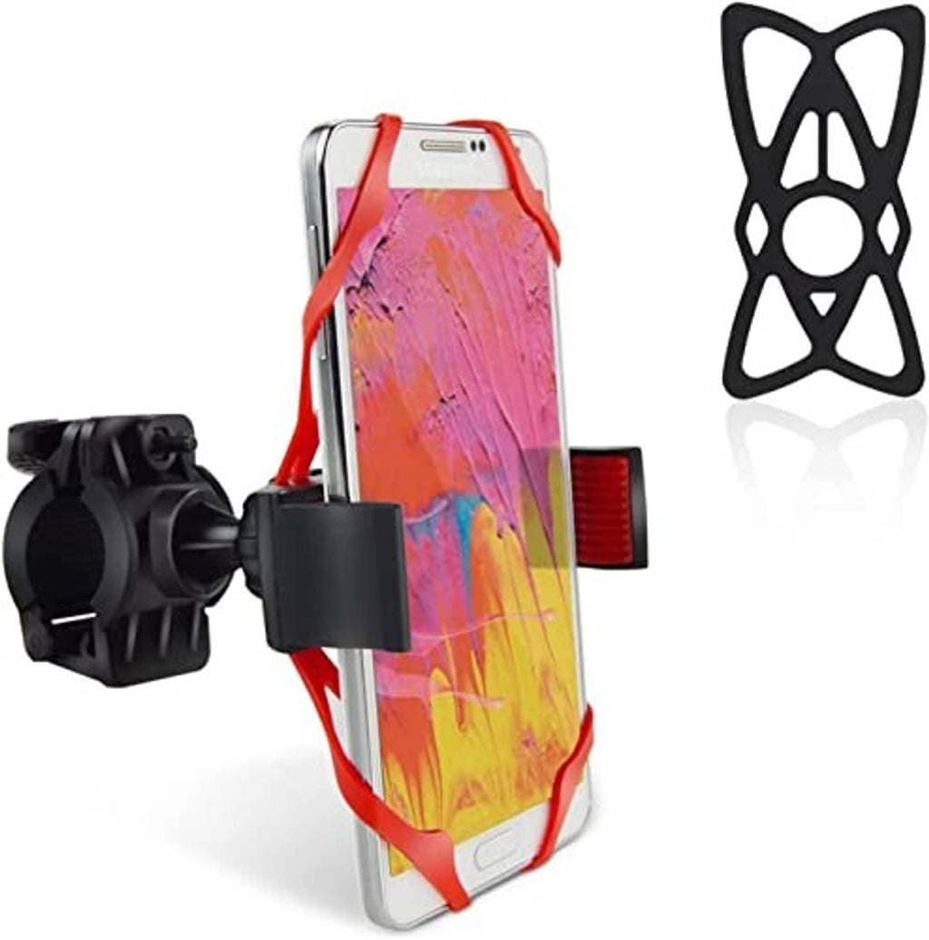 Phone mount with red silicone frame and black side clamps; tether strap included