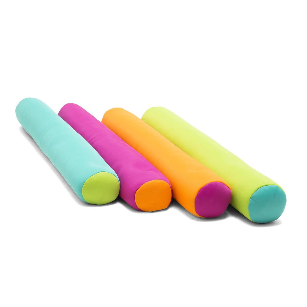 Set of pool noodle floats: teal, magenta, orange, and lime green with end caps.