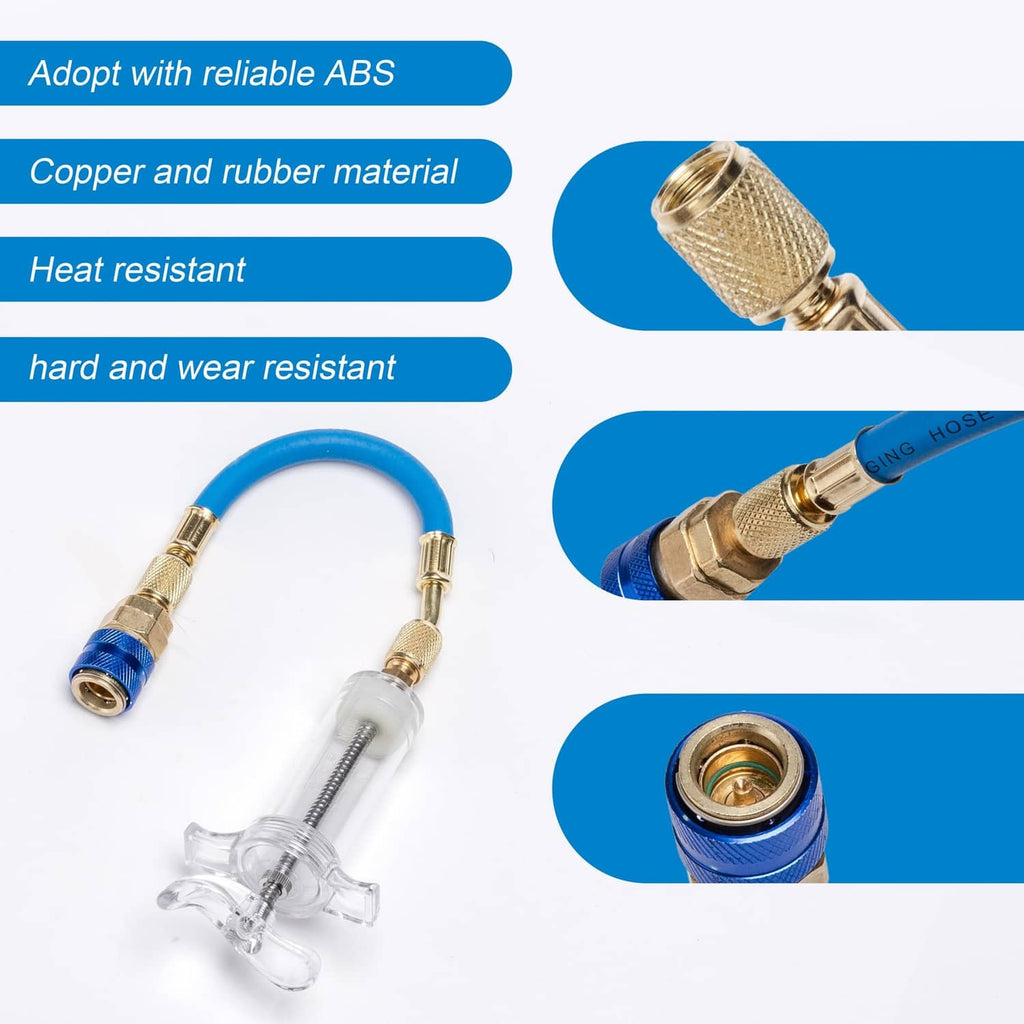 Blue rubber hose injector parts with brass connectors and clear plastic fittings