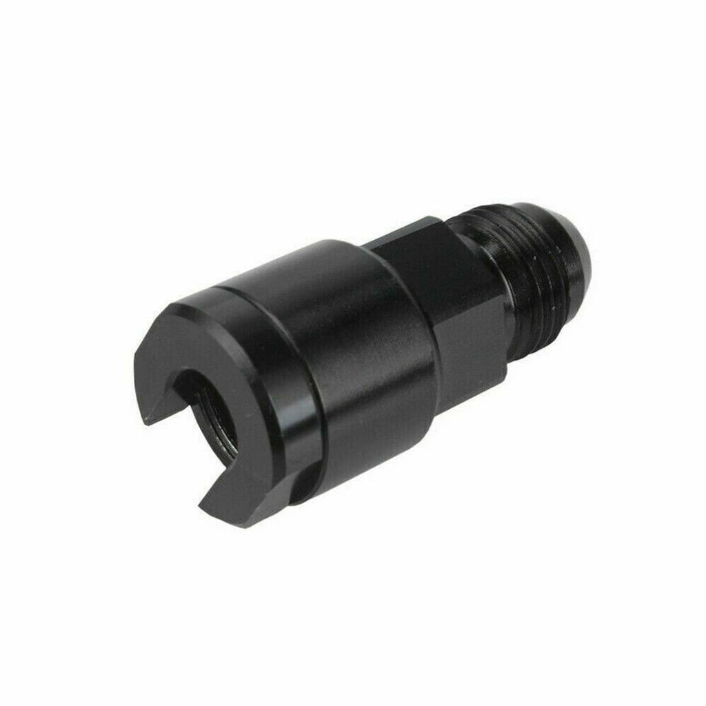 Black AN 8 fuel adapter fitting with quick-connect fork end and threaded inlet