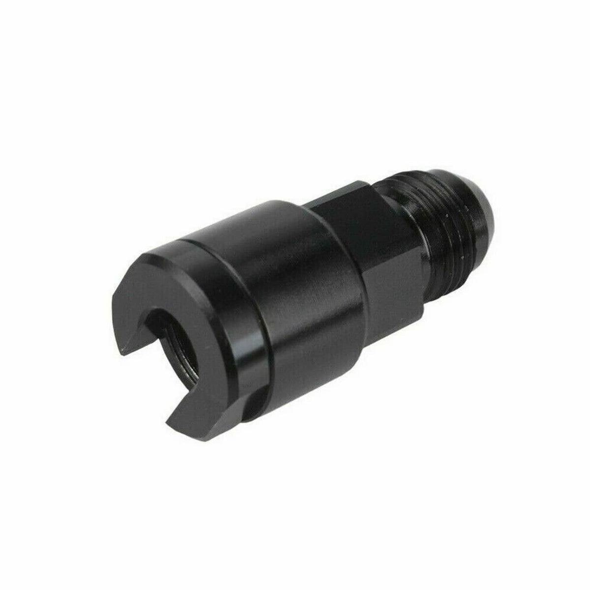 Black AN 8 fuel adapter fitting with quick-connect fork end and threaded inlet
