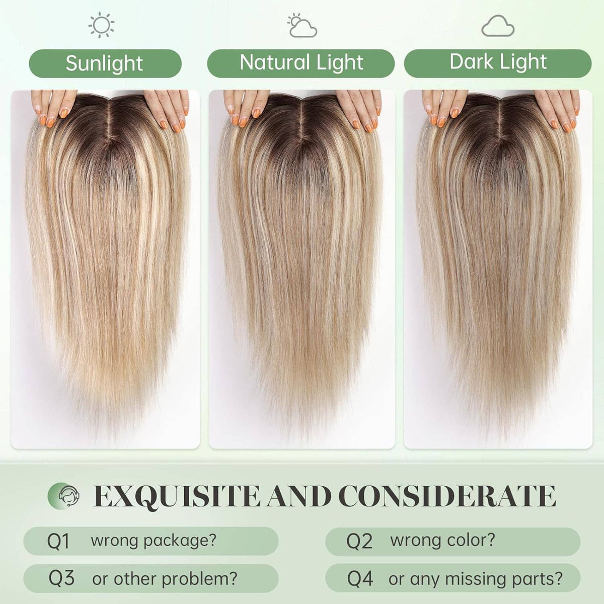 Light brown hair topper with blonde highlights shown in three lighting tones