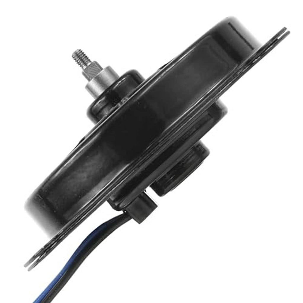 Radiator cooling fan motor with black cylindrical body and attached metal mounting