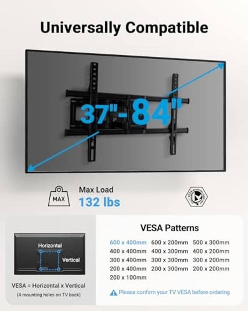 Full motion TV wall mount with VESA bracket, showing compatible TV size range, black