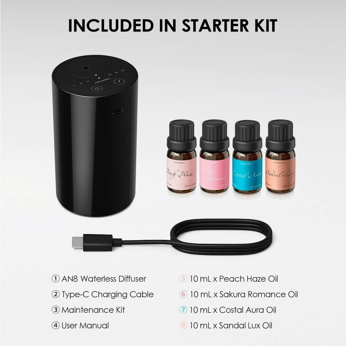 Airversa waterless essential oil diffuser starter kit with 4 oils and charging cable.