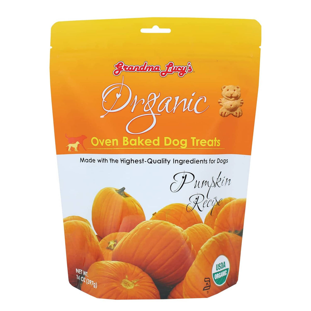 Organic oven-baked dog treat bag with pumpkin recipe and Grandma Lucy's branding