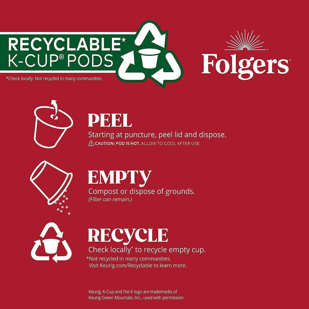 Recyclable Folgers K-cup pod instructions: peel, empty, and recycle grounds.