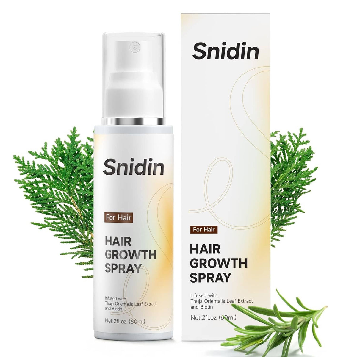 White hair growth spray bottle and matching box with green herb sprigs