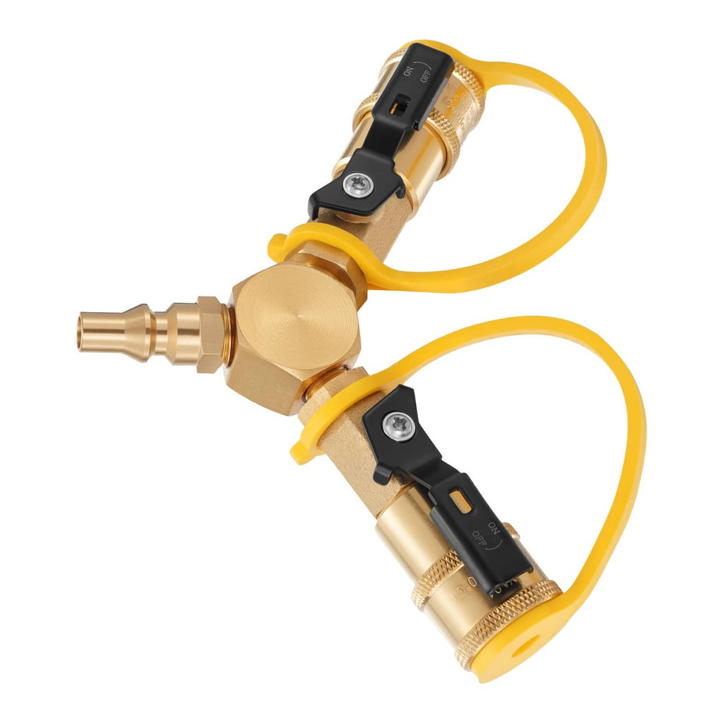 Brass RV propane quick-connect splitter adapter with shutoff valve and yellow hoses