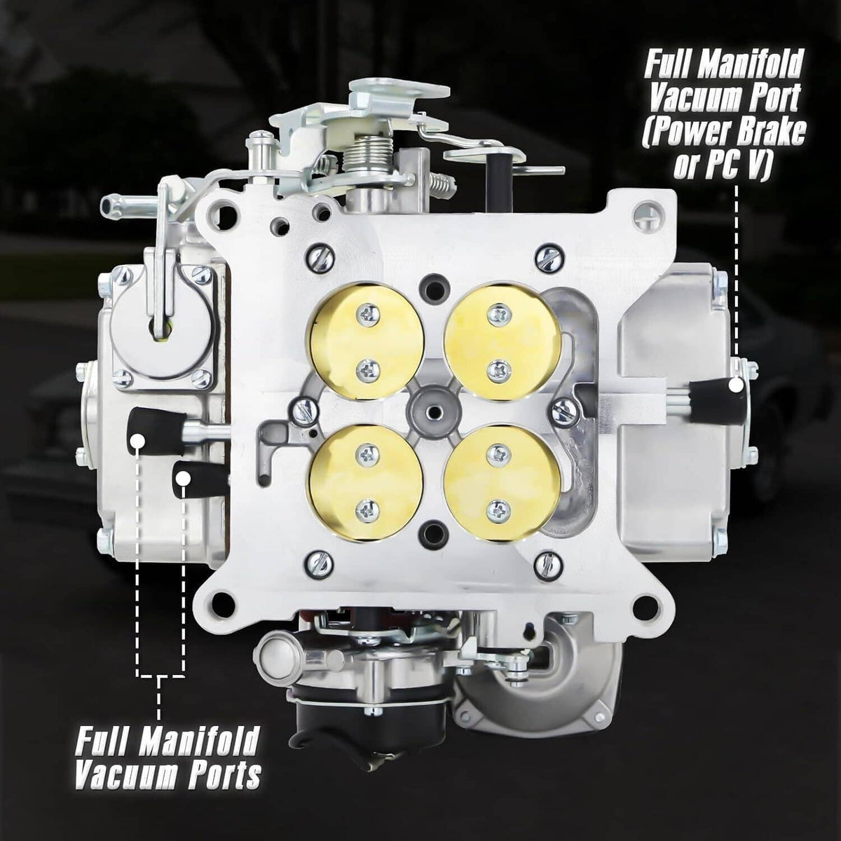 4-barrel carburetor with vacuum diaphragm cover and brass jets, silver aluminum body