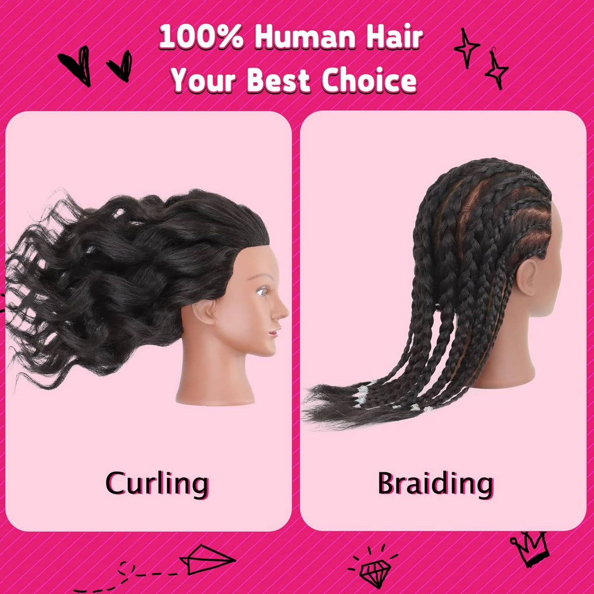 Marketing graphic showing black human-hair curling and braiding on mannequin heads