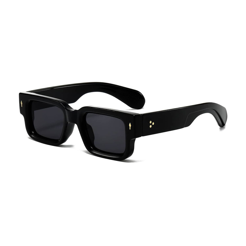 Black thick square sunglasses with dark lenses and padded acetate-style frame