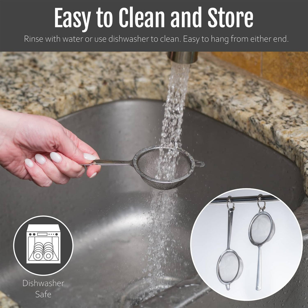 Stainless steel fine-mesh tea strainer rinsed with water during cleaning