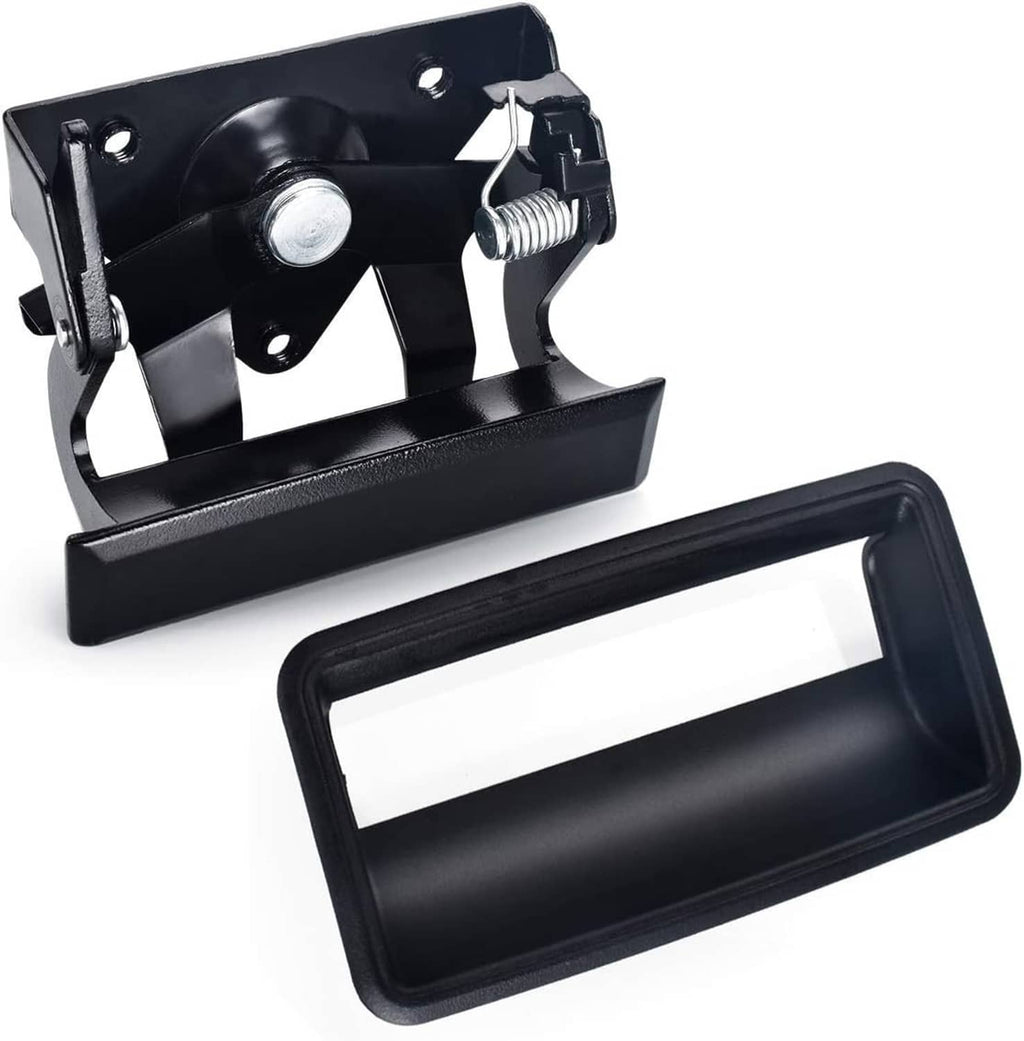 Black tailgate handle latch and bezel assembly with mounting springs and screws