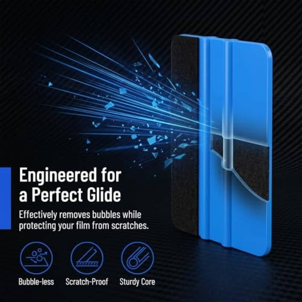 Blue felt edge vinyl squeegee with protective blade holder, tinting kit tool