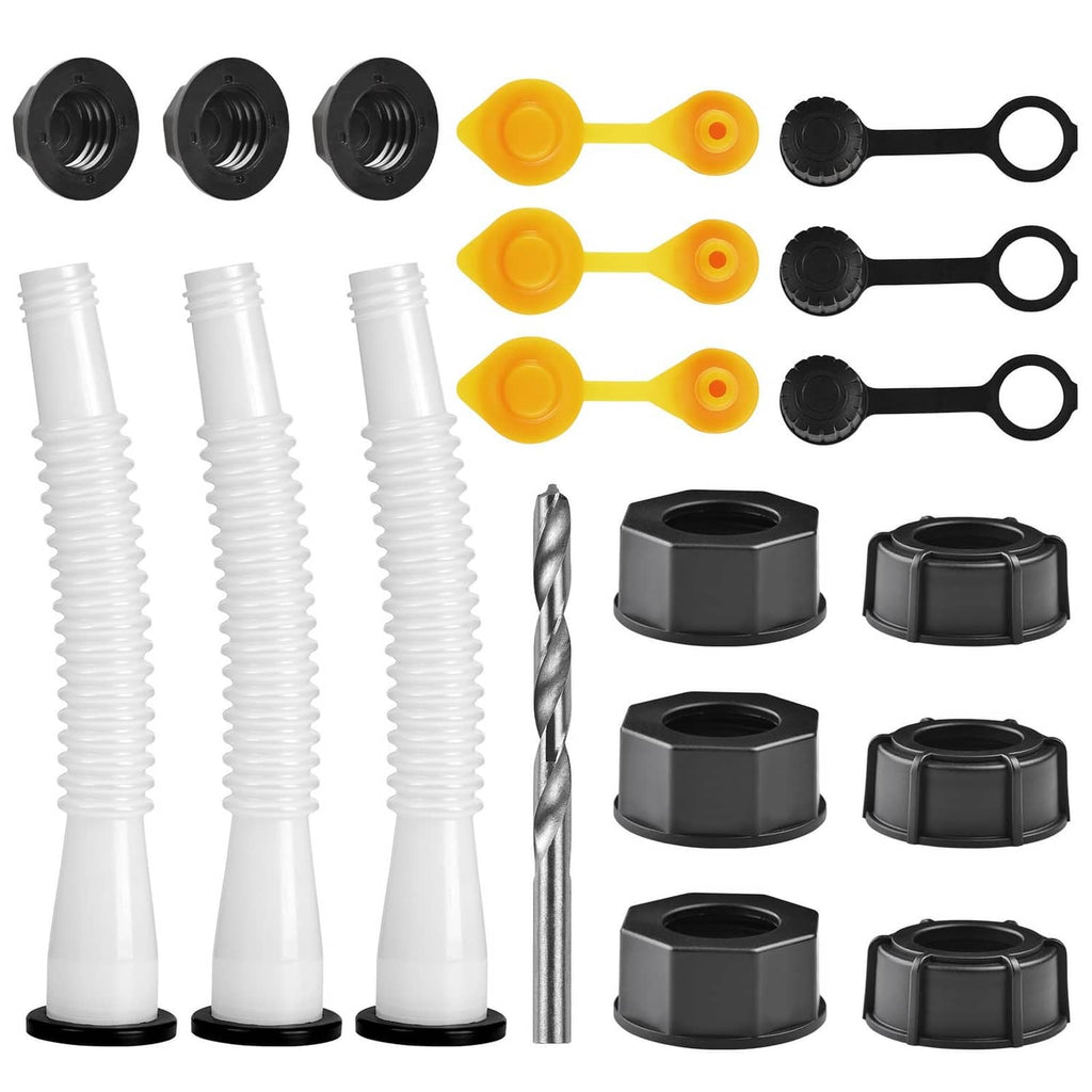 Gas can spout replacement kit with white nozzles, yellow vent caps, black seals and drill