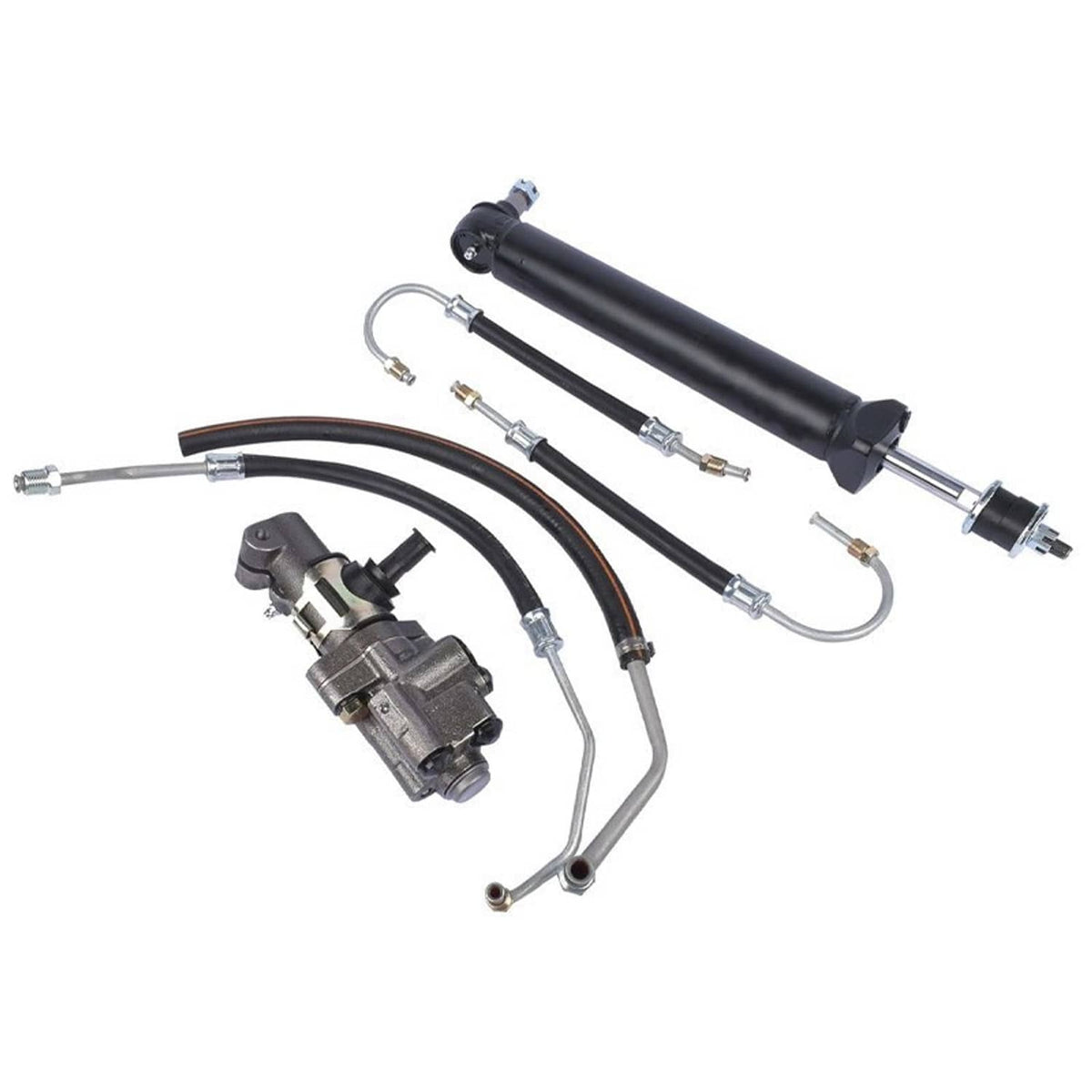 Power steering ram and hose kit set with black cylinder and flexible rubber lines