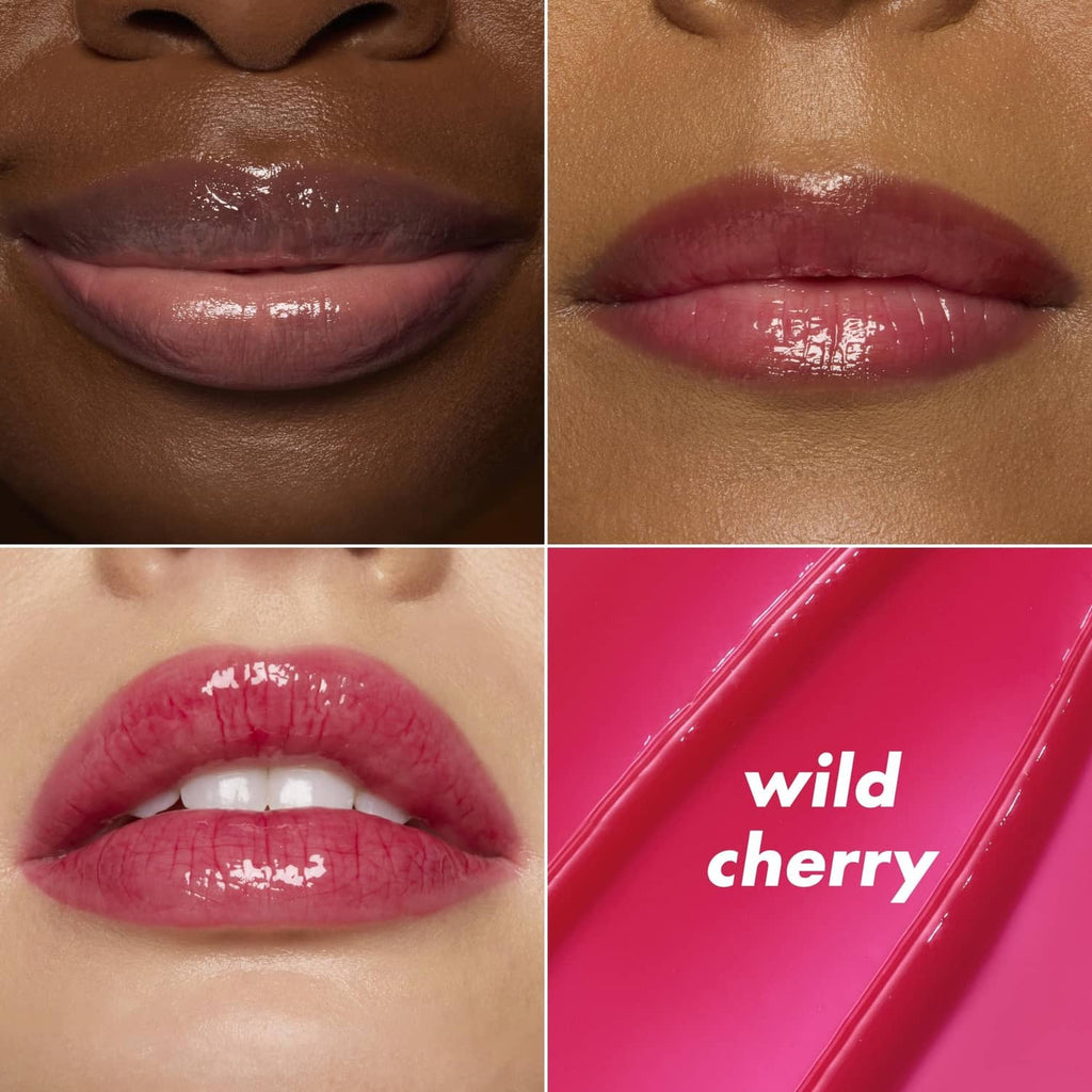 Wild Cherry lip balm on lips with glossy deep pink shine