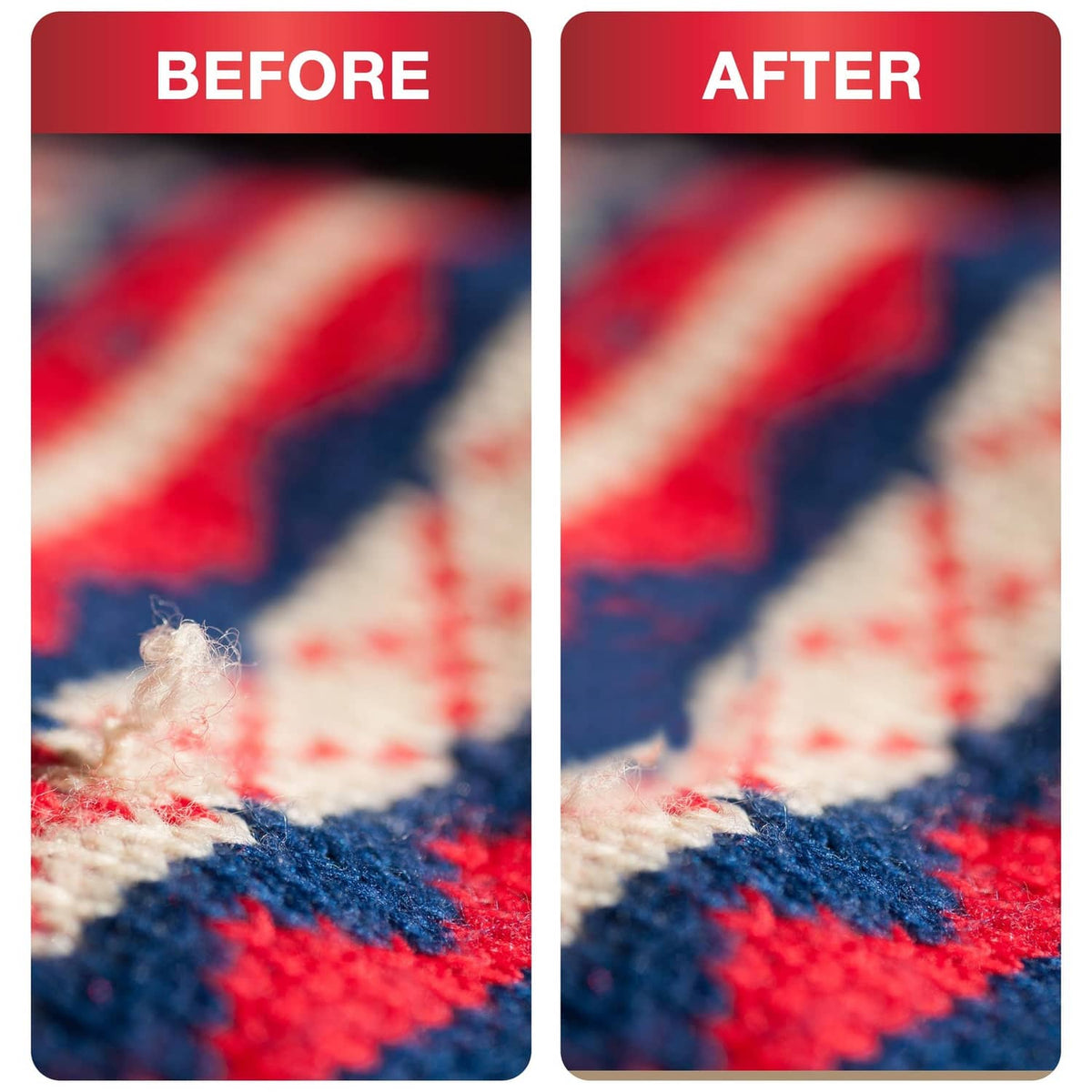 Thread snips for removing loose embroidery threads, shown before and after
