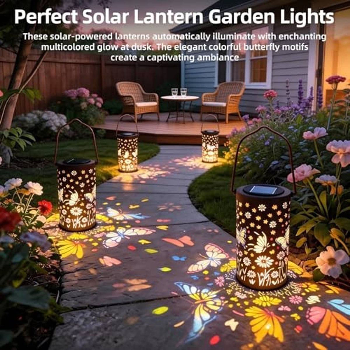 Set of glowing solar lanterns with butterfly patterns on outdoor walkway