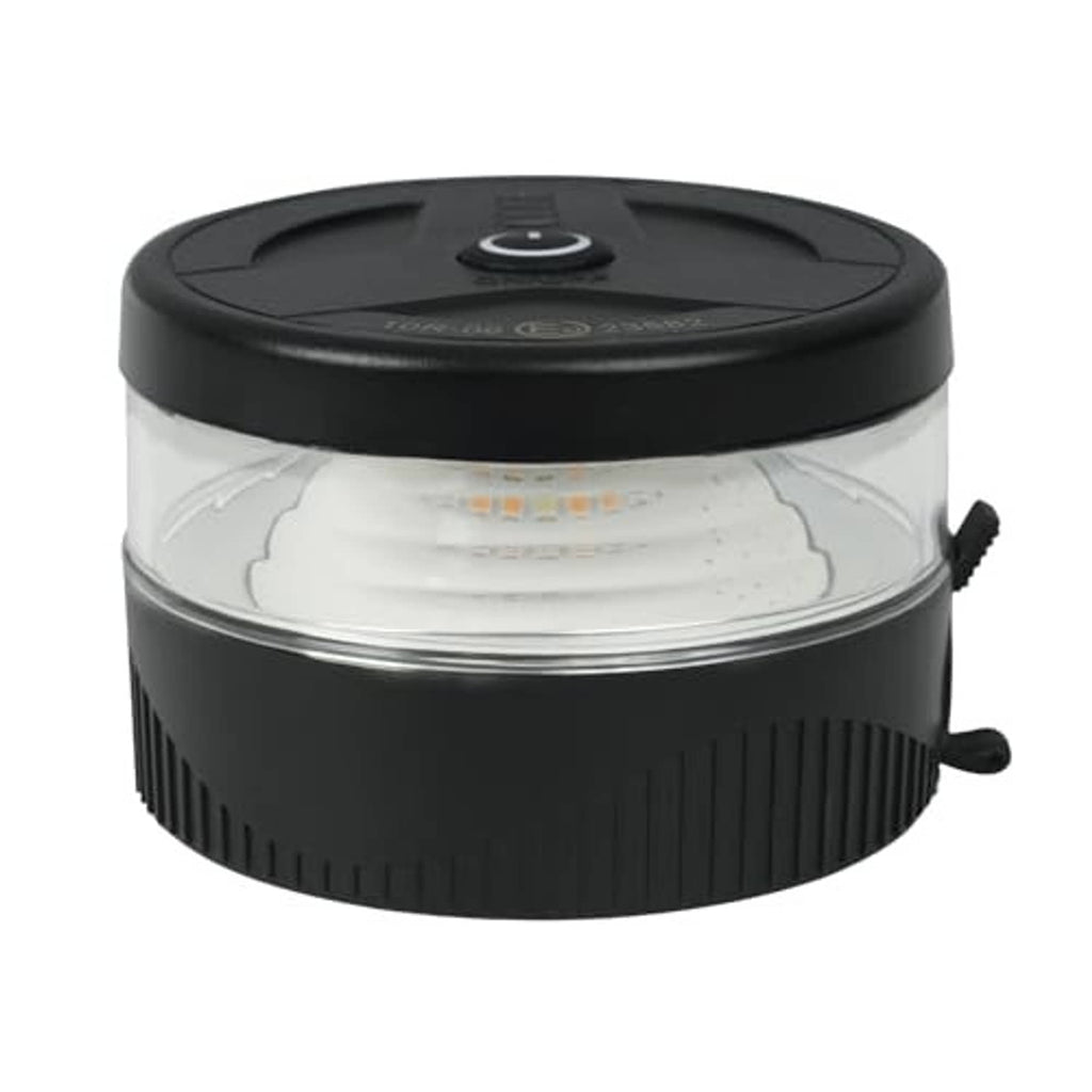 Black round LED rechargeable strobe warning light with clear lens and top button