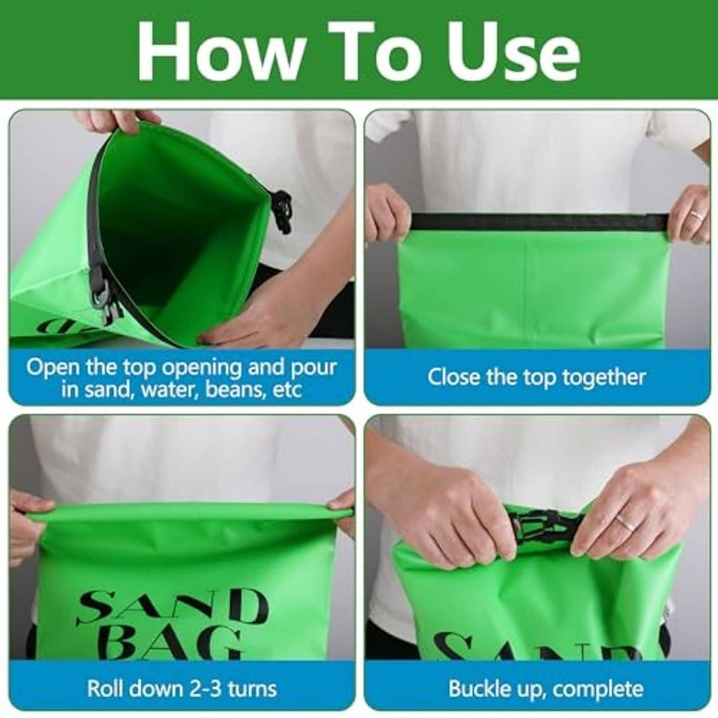 Green sand bag anchor with top opened and closed, showing how the bag is secured
