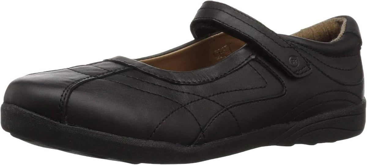 Girls' Claire black Mary Jane flats, front view with quilted texture and cushioned footbed