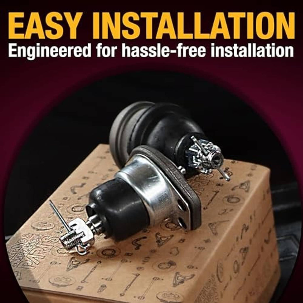Ball joint assembly with black sealed boot and metal housing on a cardboard package