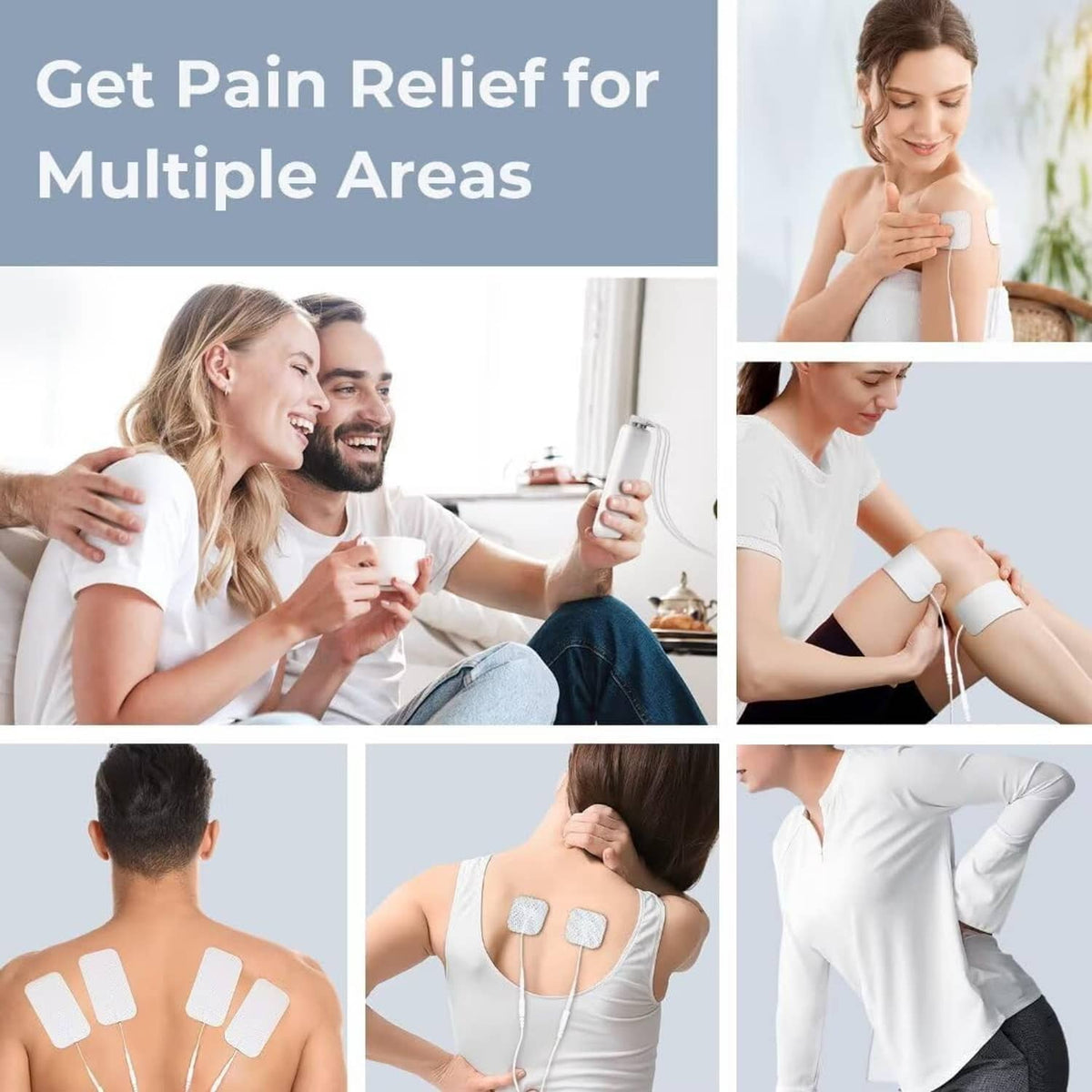TENS electrode pads placed on multiple body areas with leads connected