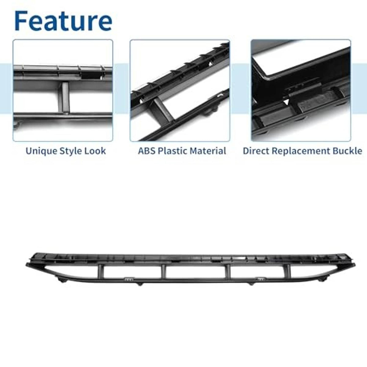 Front hood bumper grille grill insert, black with multiple horizontal slots and clips