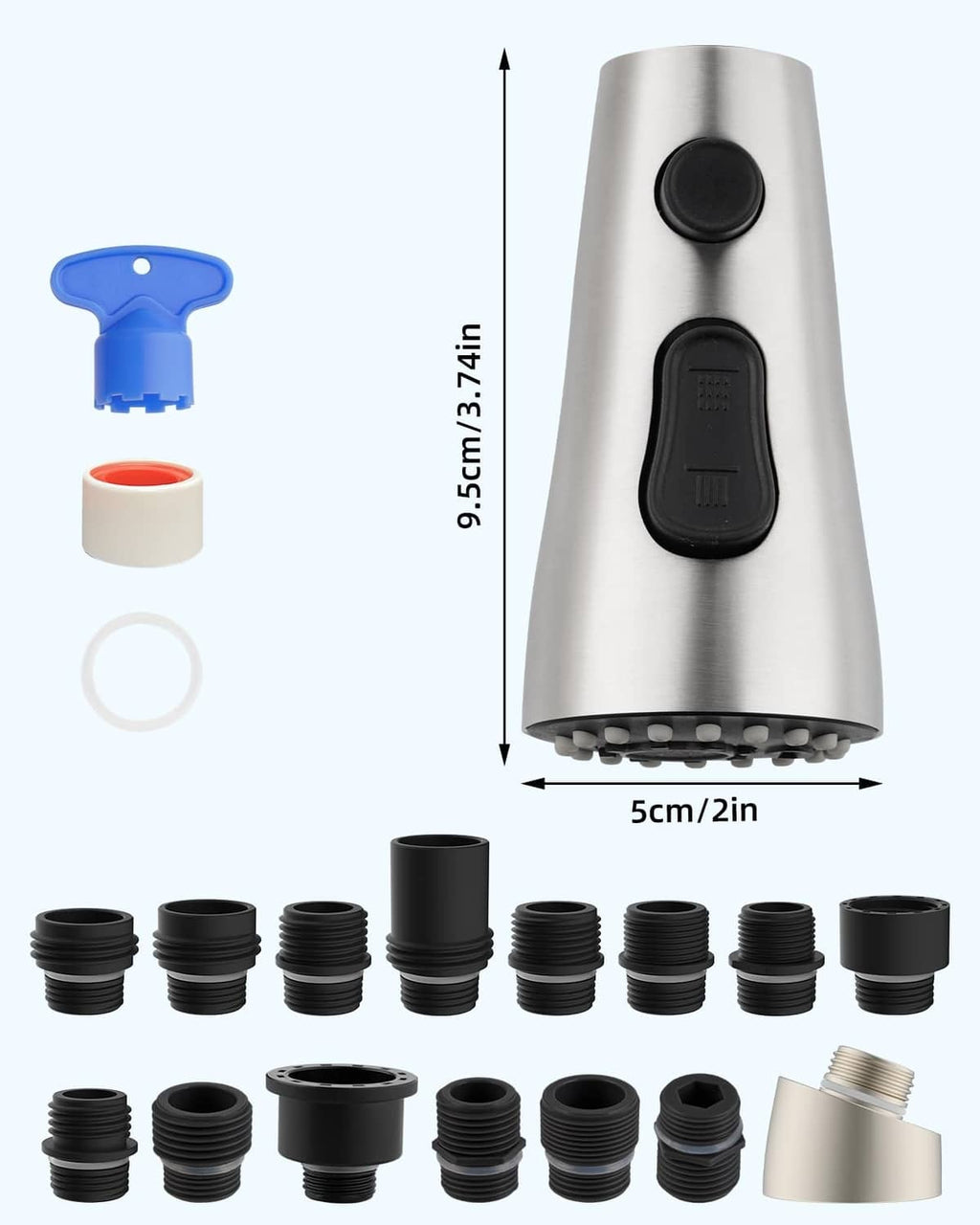 Brushed nickel pull-down faucet sprayer head with included adapters and seals