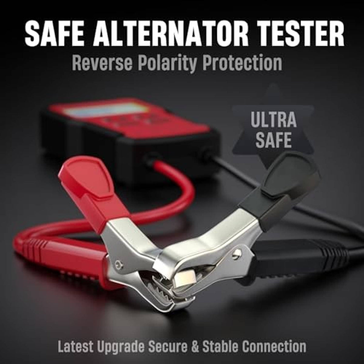 12V alternator battery tester with insulated alligator clamps and red cable