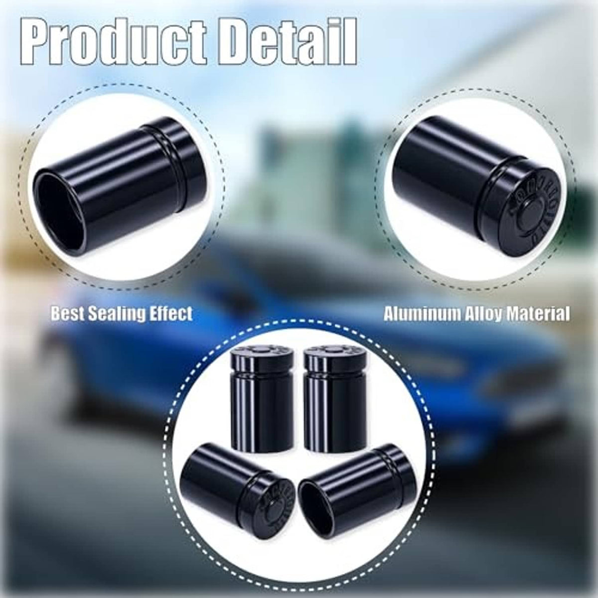 4 black bullet valve stem caps with vented end and smooth outer sleeve
