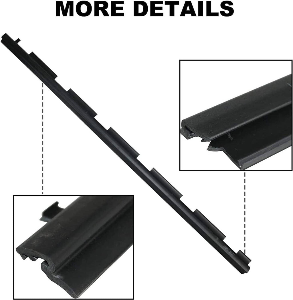 Black window sweep weatherstrip seal with ribbed edge and clip tabs, close-up