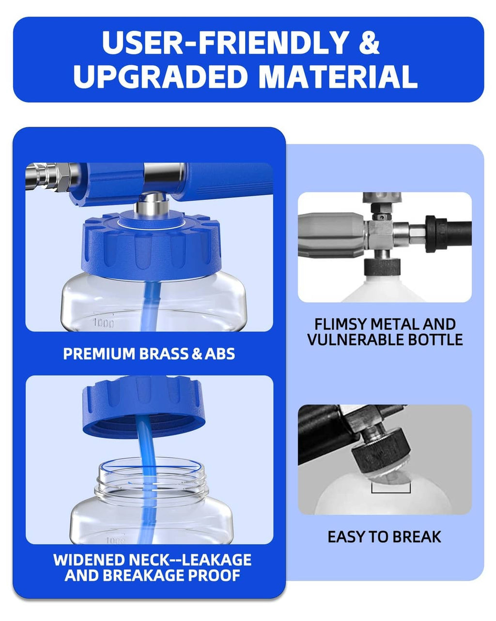 Blue foam cannon with wide-neck clear bottle and brass/ABS connector fittings