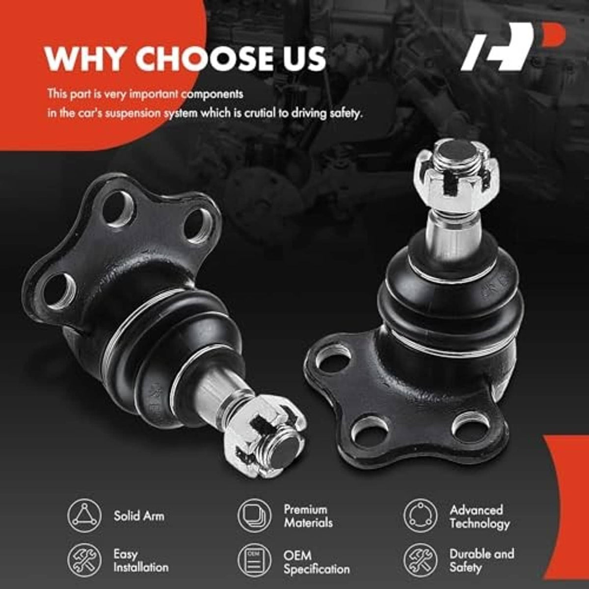 Pair of front upper ball joints with mounting bracket plates and chrome components