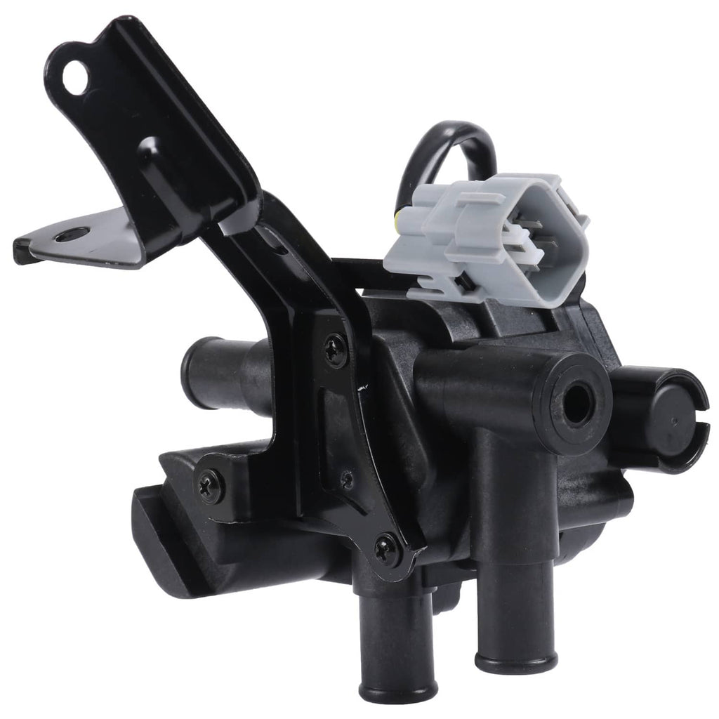 Heater coolant control valve with mounting ear, black coolant fittings, and gray plug